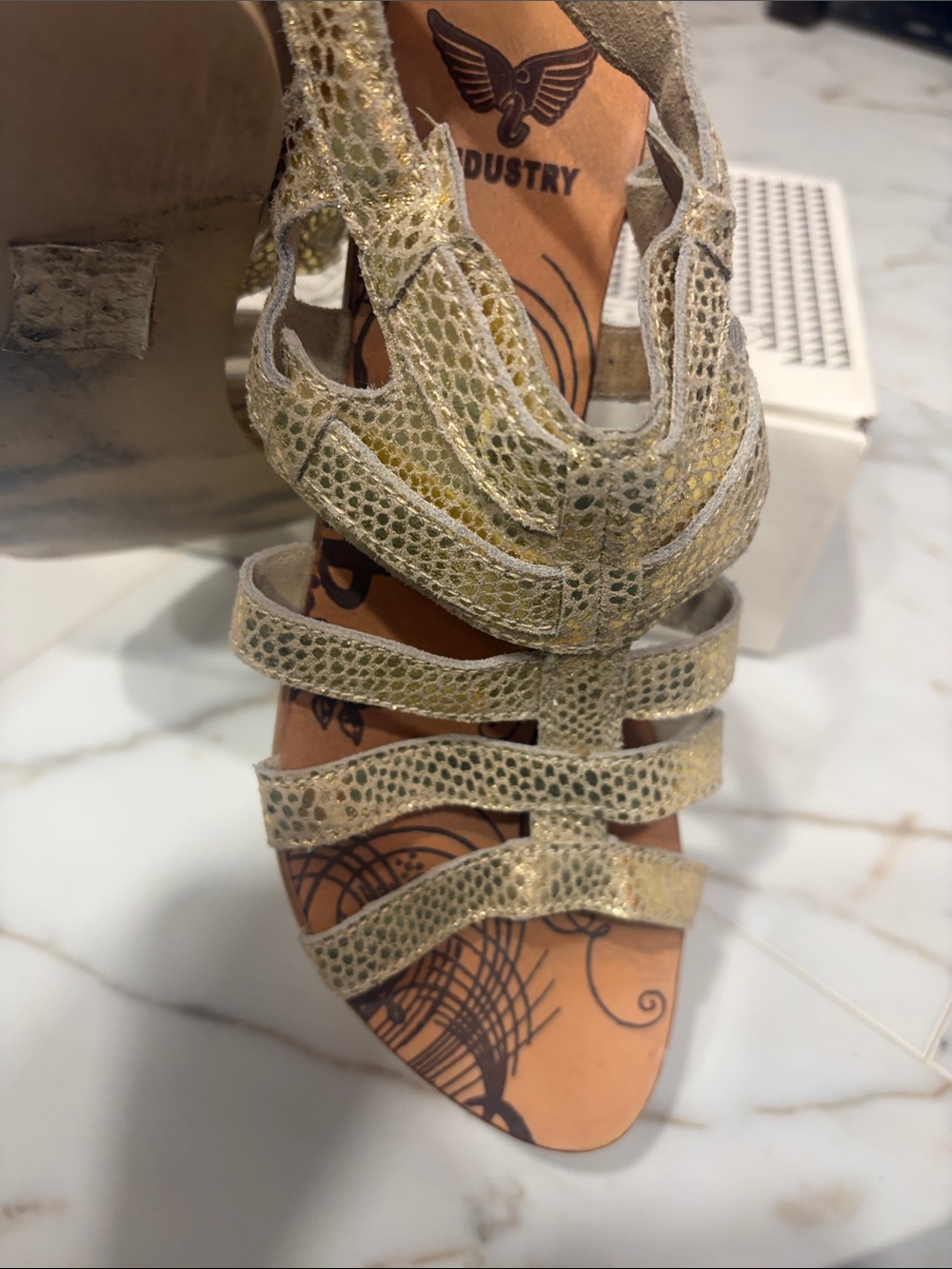 Metallic Gold Leather Strappy Women's Flat Sandals